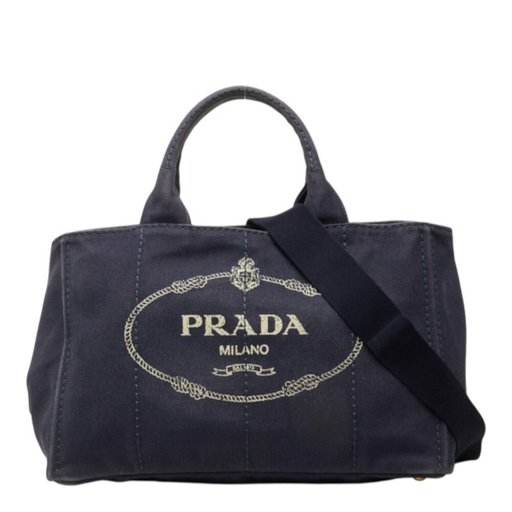 Prada Triangle Logo Plate Canapa Medium Handbag Shoulder Bag 2WAY BN2642 Navy...